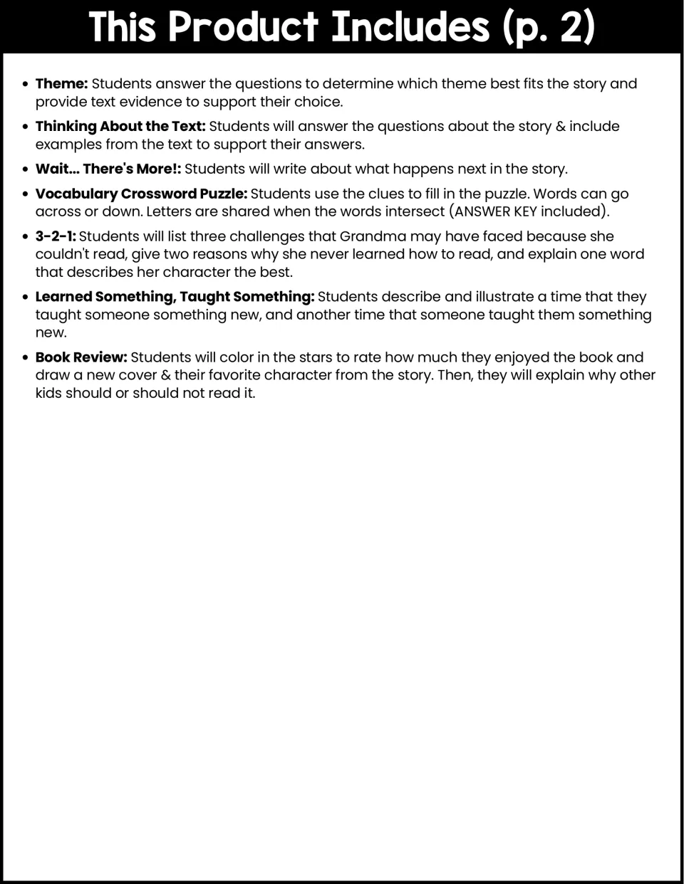 Activity overview, part 2: theme, text questions, story continuation, vocabulary crossword, and three more