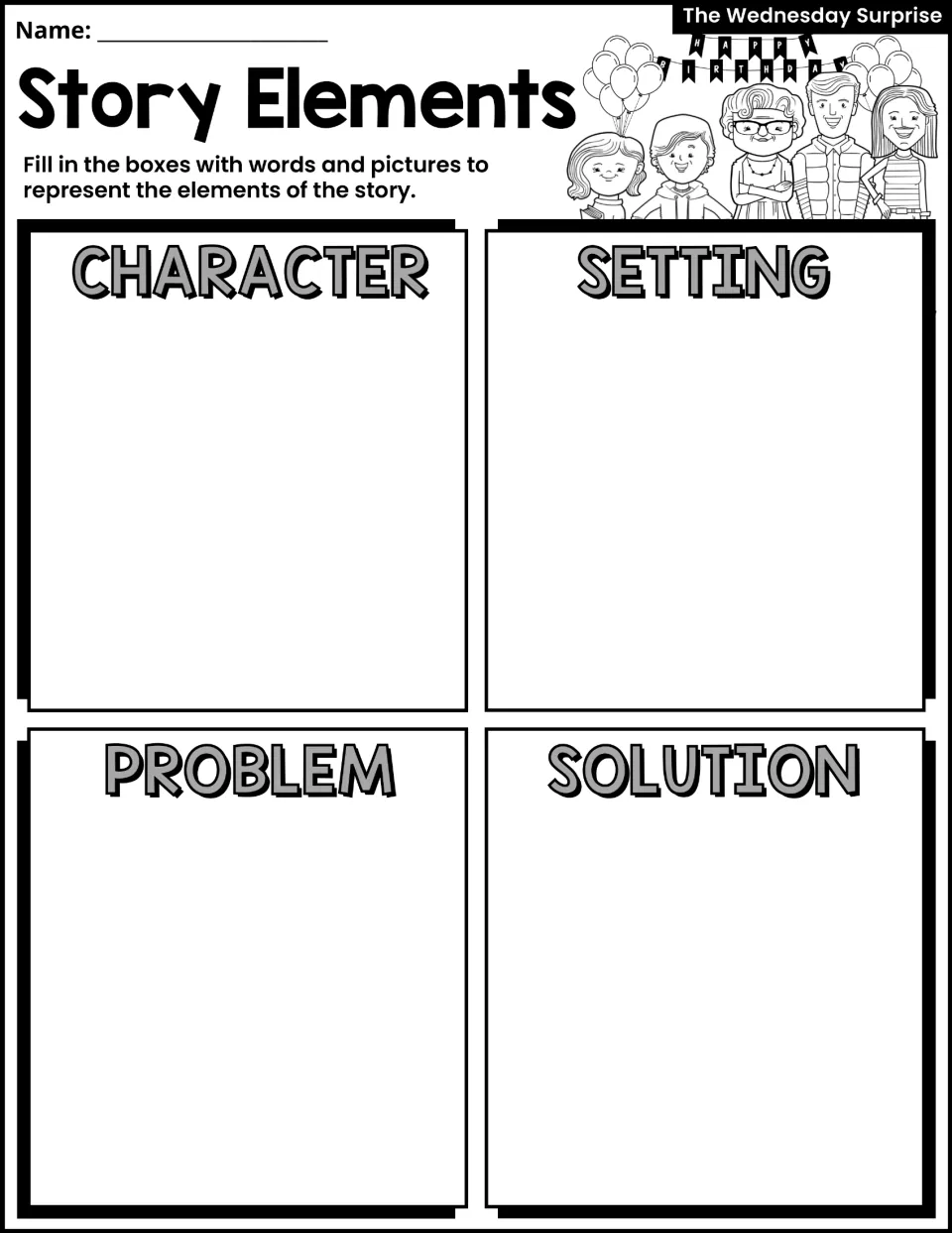 Story Elements activity asks students to represent character, setting, problem, and solution in words and pictures