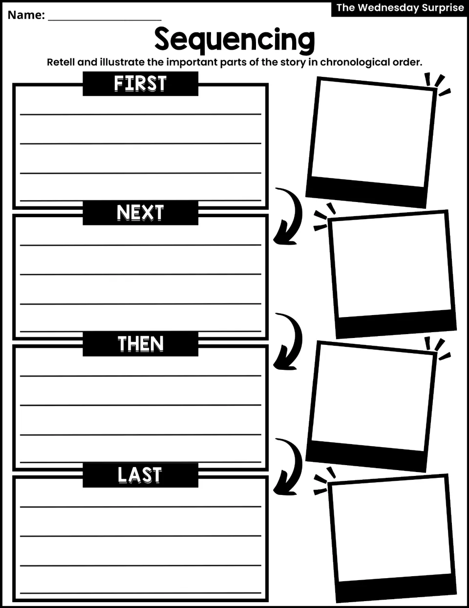 Sequencing activity asks students to retell and illustrate story events in order: first, next, then, and last