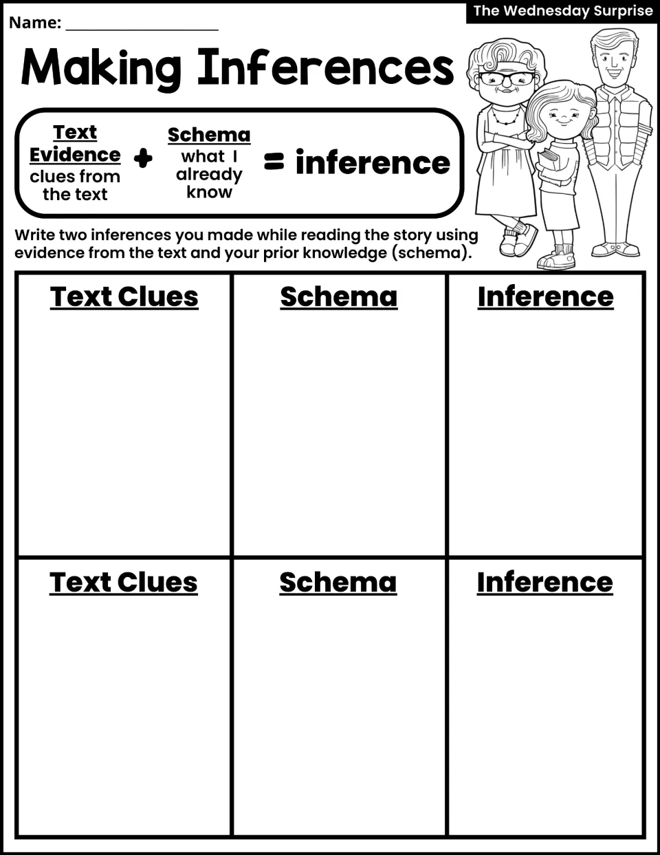 Making Inferences activity asks students to record two inferences using text clues and prior knowledge