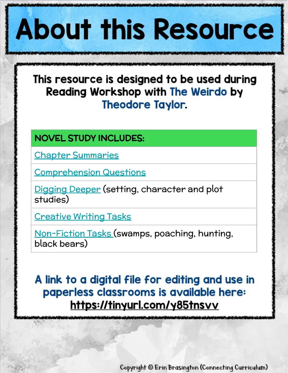 Resource overview lists chapter summaries, comprehension questions, deeper study, writing, and nonfiction tasks.