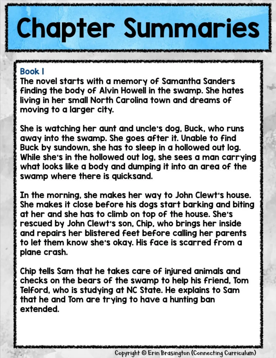 Book 1 summary recounts Sam's night in the swamp, her rescue by Chip, and his work protecting bears.