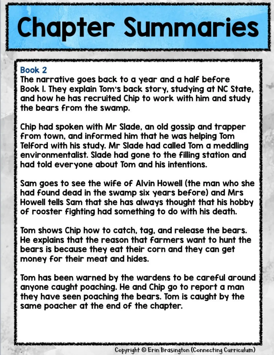 Book 2 summary covers Tom's bear research, Sam's visit to Mrs. Howell, and Tom being caught by a poacher.