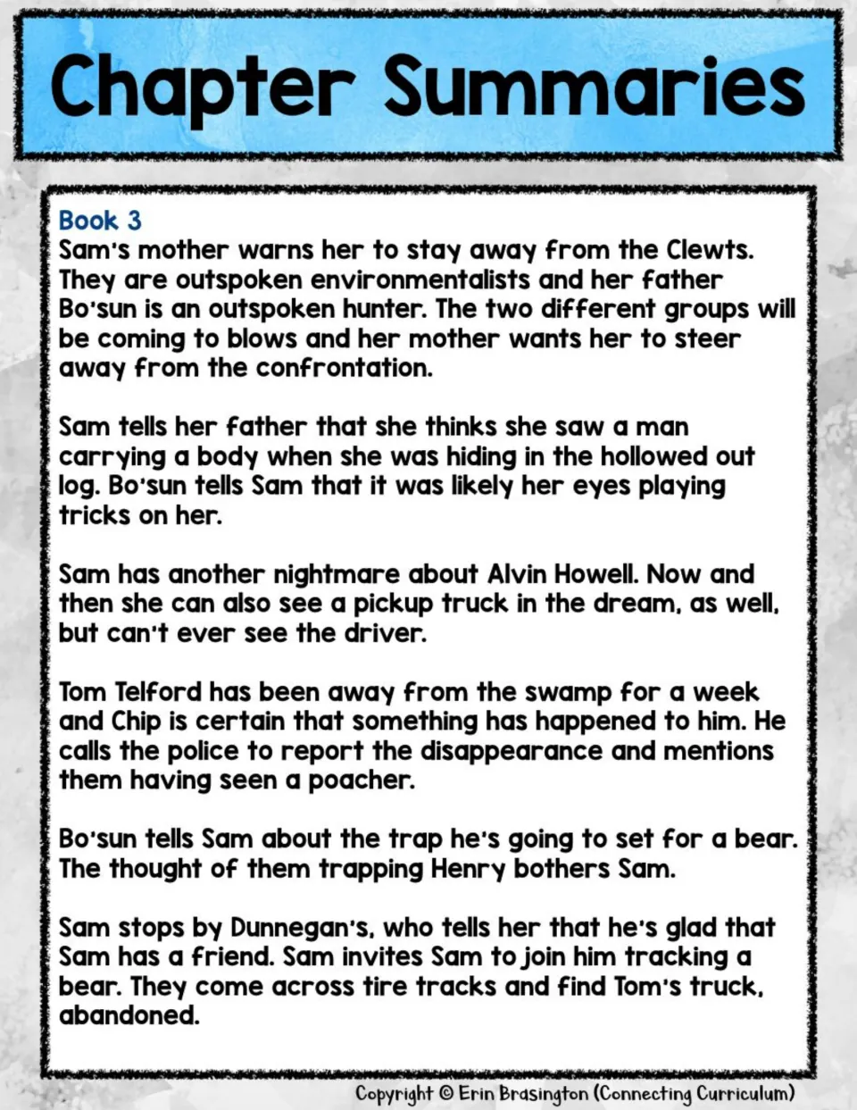 Book 3 summary follows Sam's family conflict, Tom's disappearance, a planned bear trap, and his abandoned truck.