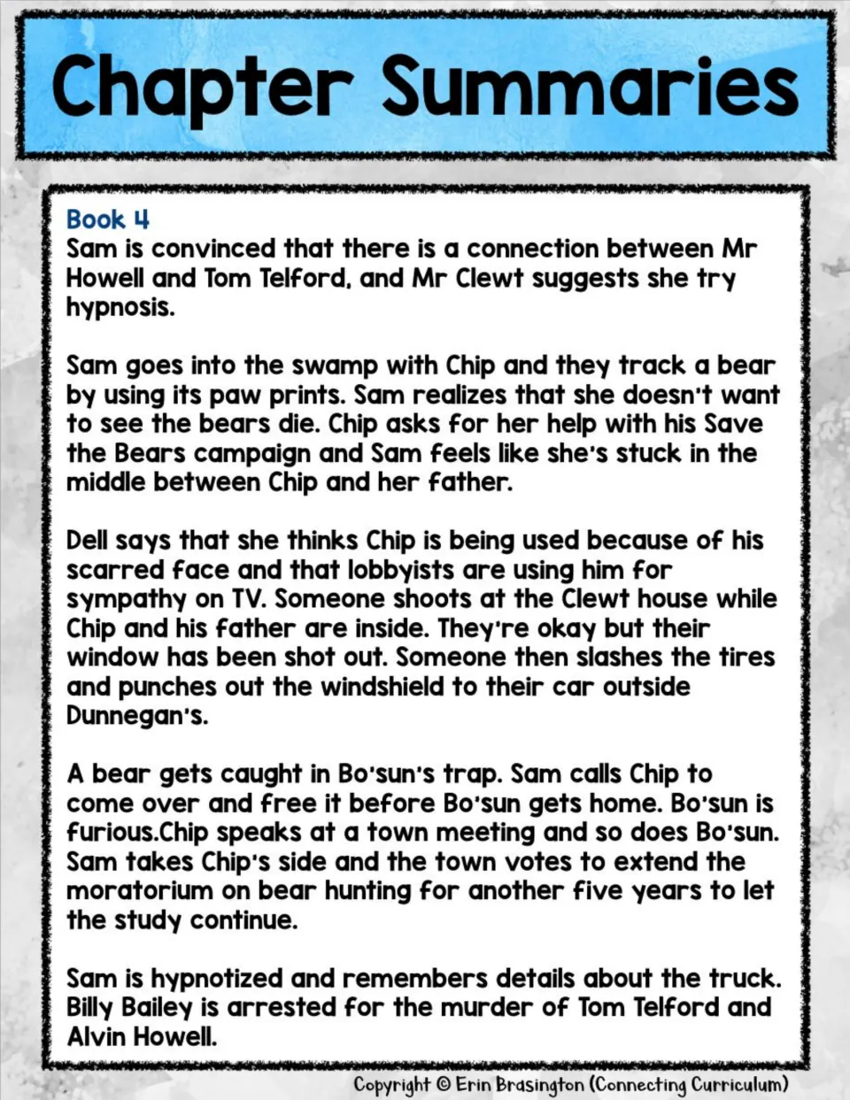 Book 4 summary covers threats against the Clewts, a bear rescue, the hunting ban vote, and Billy Bailey's arrest.