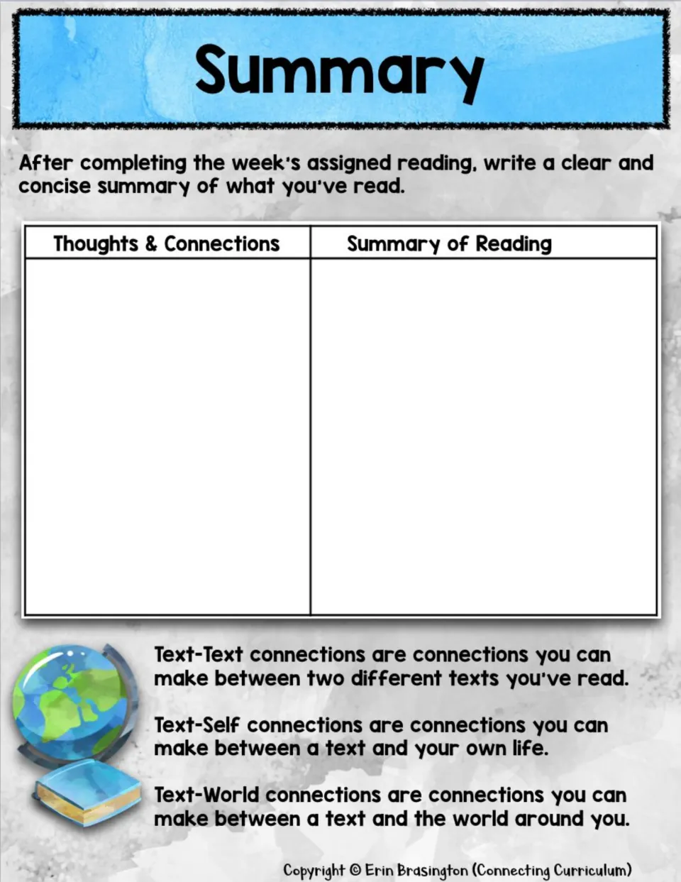 Summary task asks students to summarize weekly reading and record text-to-text, self, and world connections.