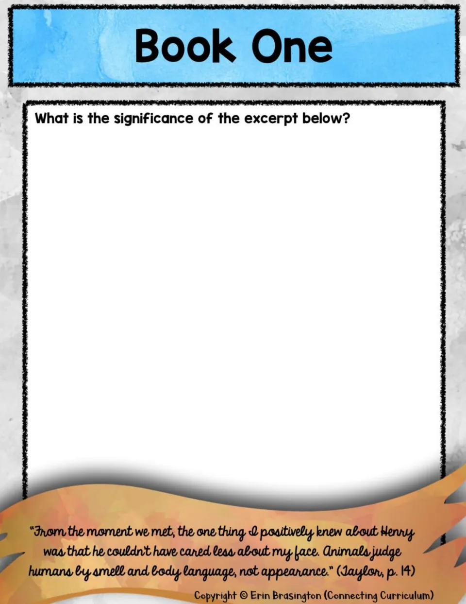 Book One response task asks about an excerpt on Henry judging humans by smell and body language, not appearance.