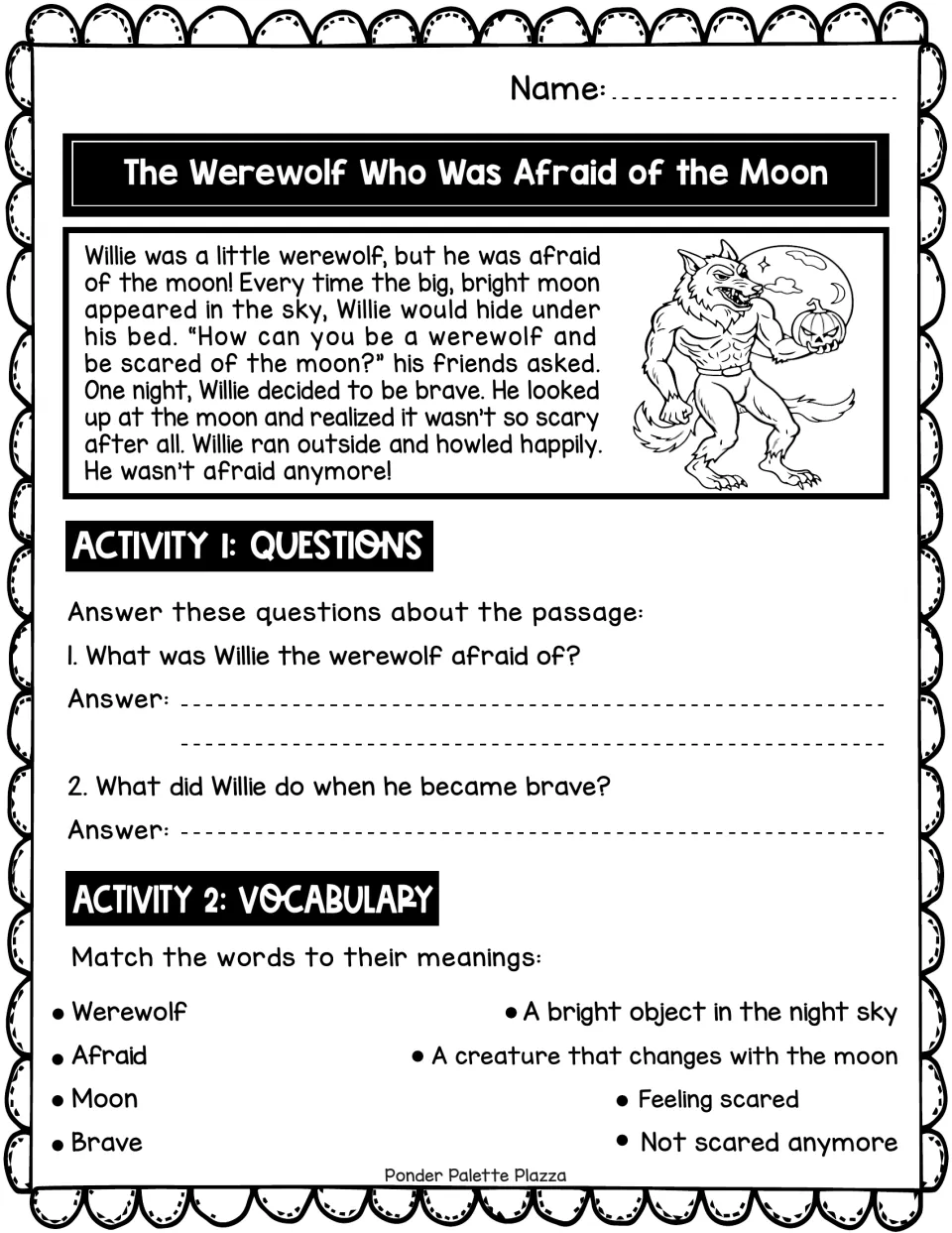 Reading passage about Willie's fear of the moon, followed by two questions and four vocabulary matches.