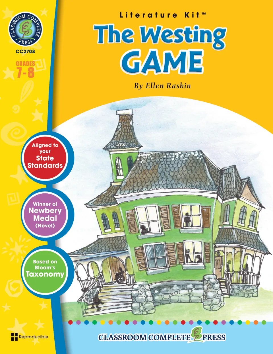 Cover of The Westing Game Literature Kit by Ellen Raskin, grades 7-8, with an illustration of the green Westing mansion