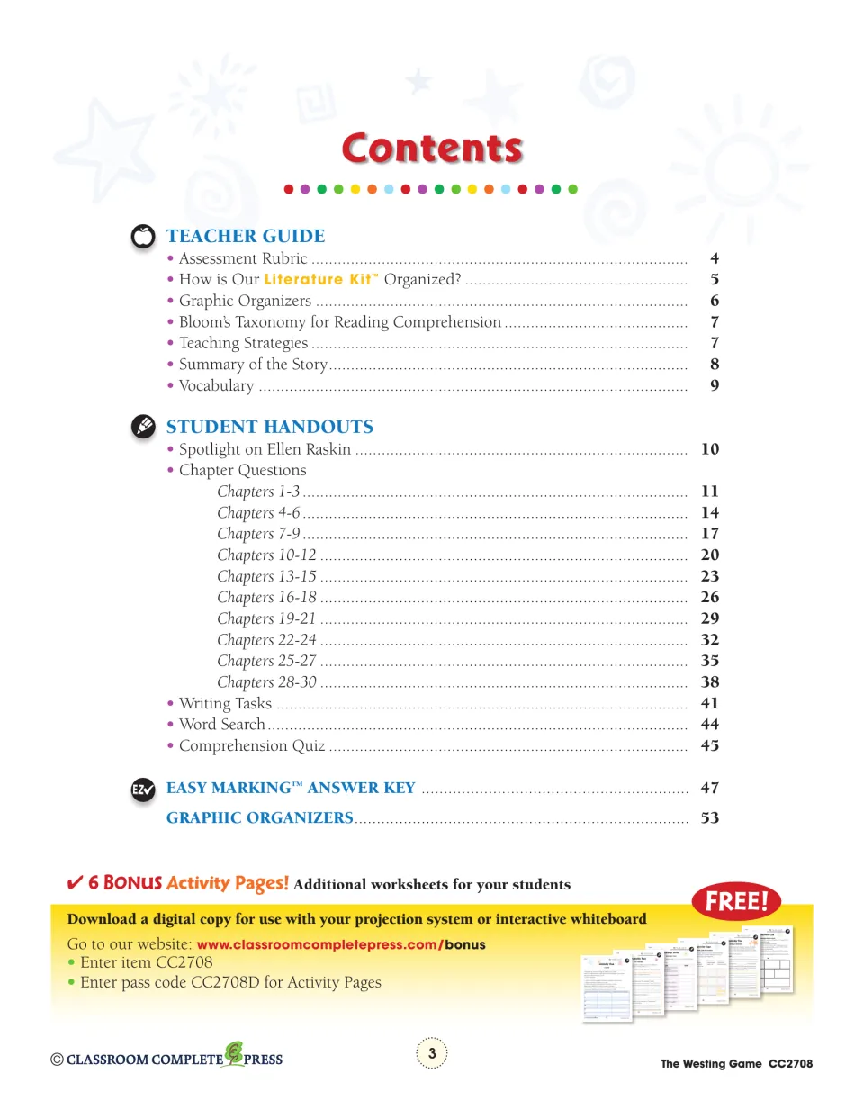 Contents listing teacher guide pages, chapter questions for chapters 1-30, writing tasks, word search, quiz and answer key