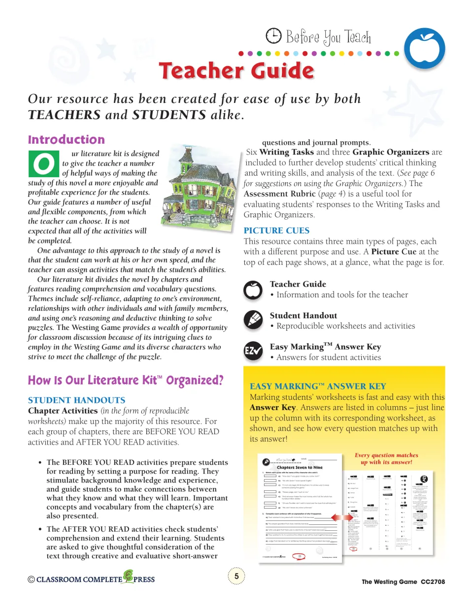 Teacher guide introduction explaining before and after you read activities, picture cues and the Easy Marking answer key