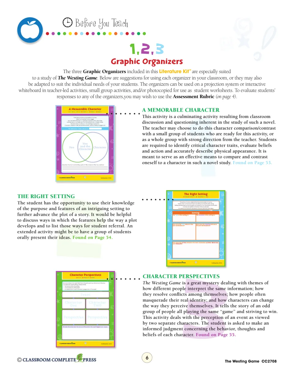 Graphic organizer notes: suggested uses for A Memorable Character, The Right Setting and Character Perspectives sheets