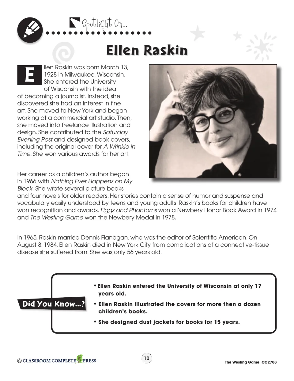 Author spotlight on Ellen Raskin: her art career, Newbery Medal for the novel and Did You Know facts, with her portrait
