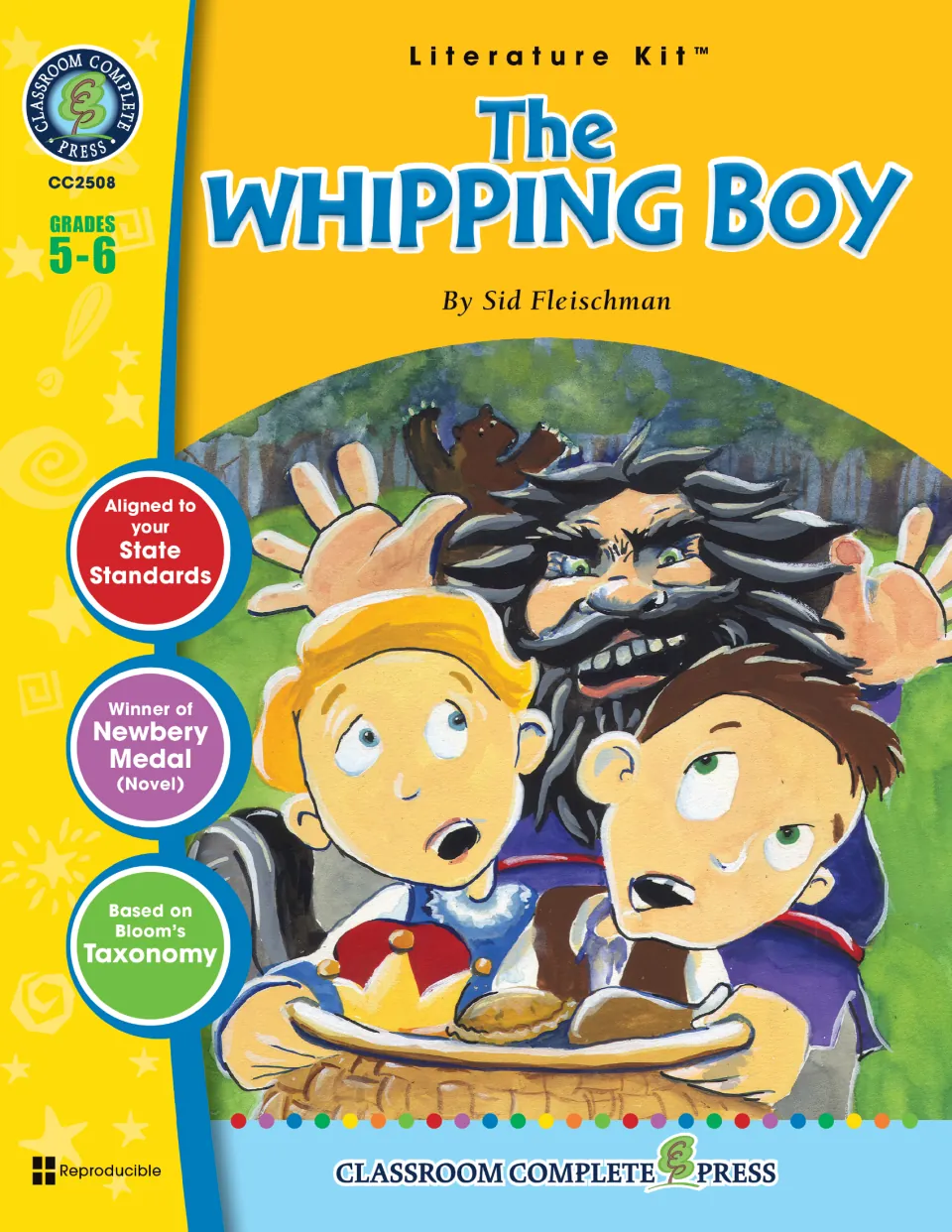 The Whipping Boy literature kit cover, grades 5–6, showing two frightened boys and a wild-haired outlaw