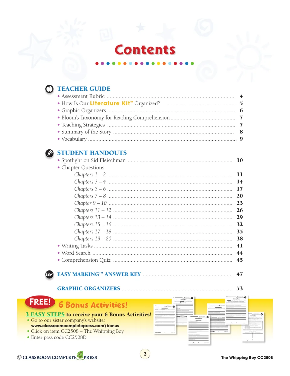 Table of contents: teacher guide, chapter questions 1–2 through 19–20, writing tasks, word search, quiz and answer key