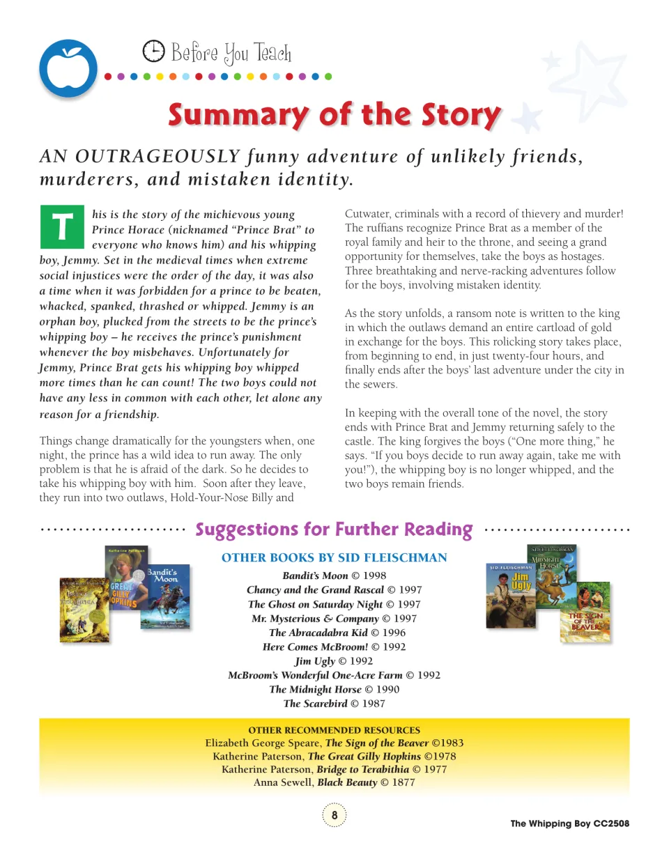 Story summary of Prince Brat and his whipping boy Jemmy's runaway adventure, plus more Sid Fleischman books