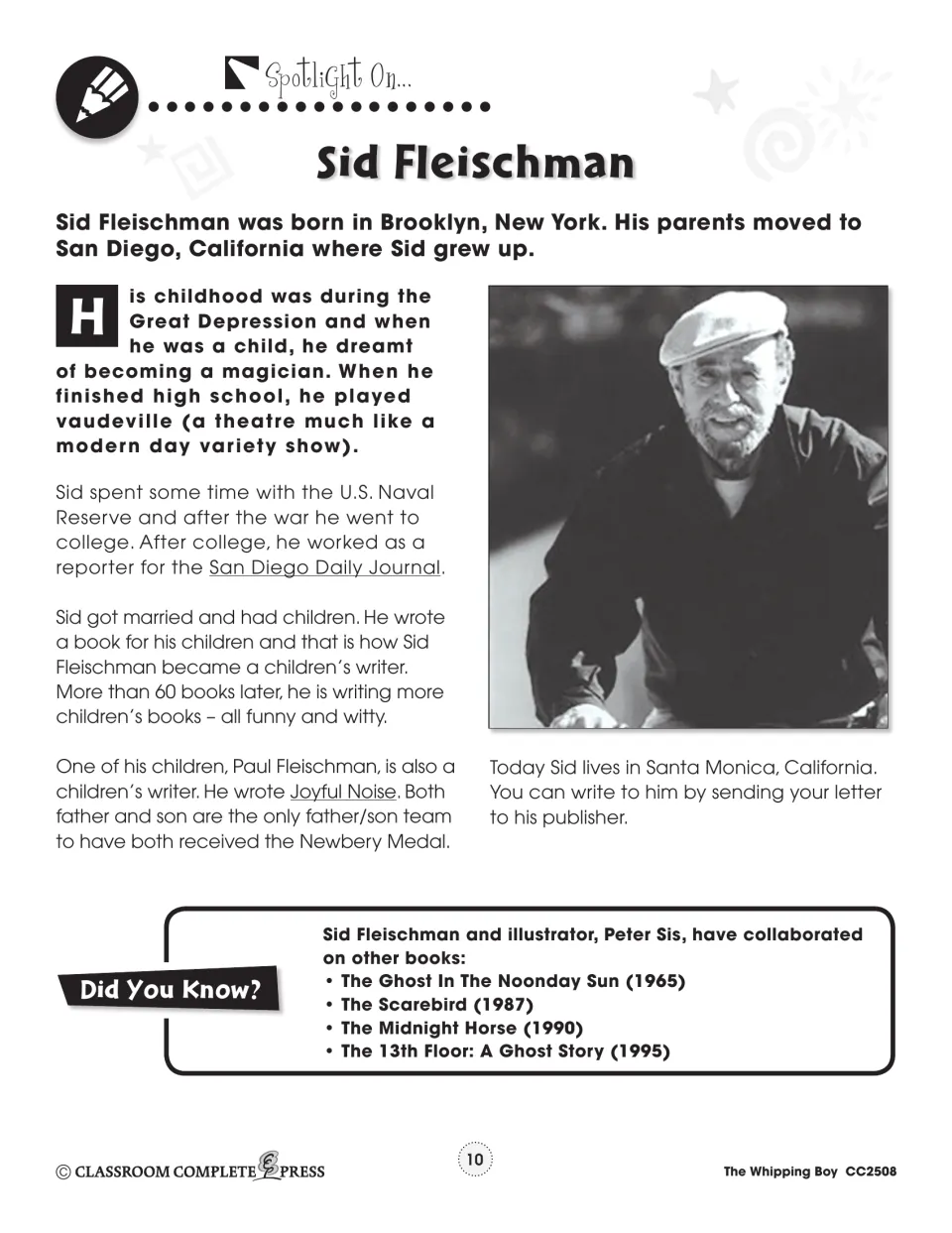 Author spotlight on Sid Fleischman: his Brooklyn birth, vaudeville and reporter years, Newbery Medal and a photo