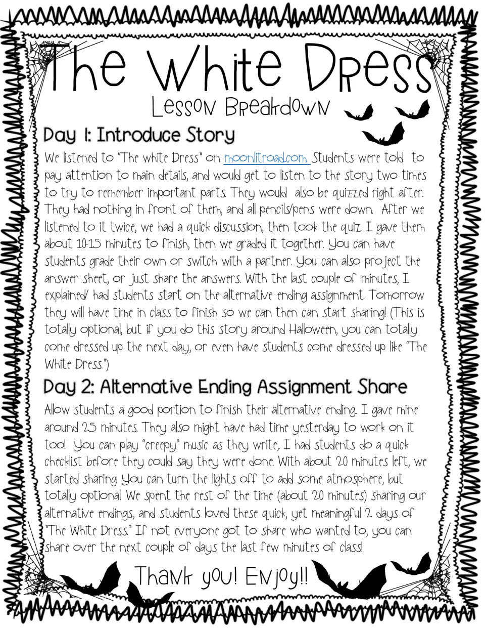Lesson breakdown for a two-day short story unit: Day 1 listening and quiz, Day 2 alternative ending writing and sharing