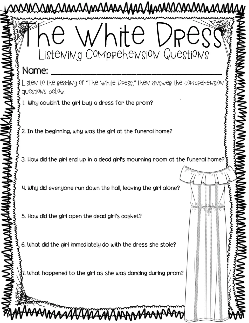 Listening comprehension questions 1 to 7 on story events: students listen to the story, then write their answers