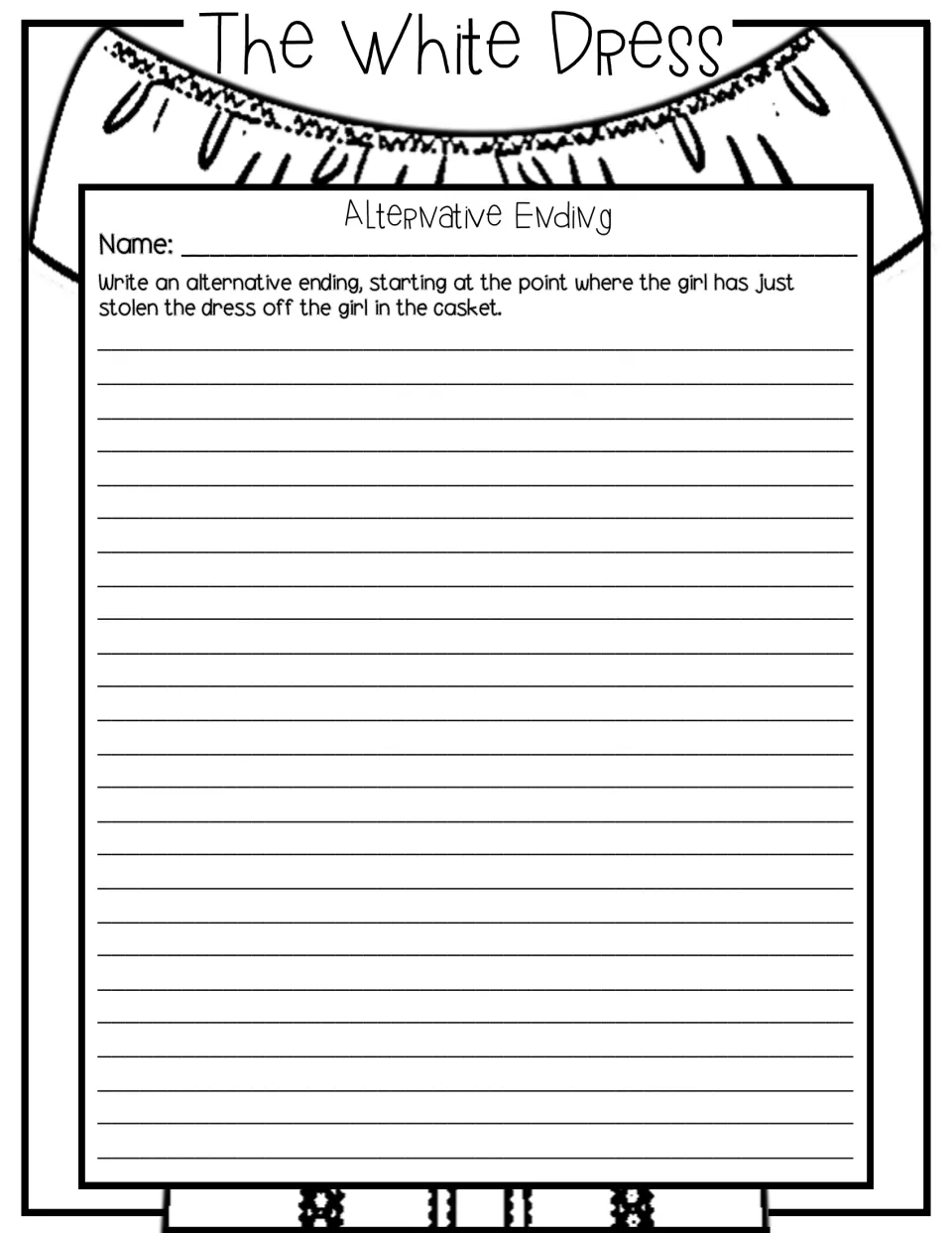 Alternative ending writing page: students continue the story from the moment the girl steals the dress, on lined paper