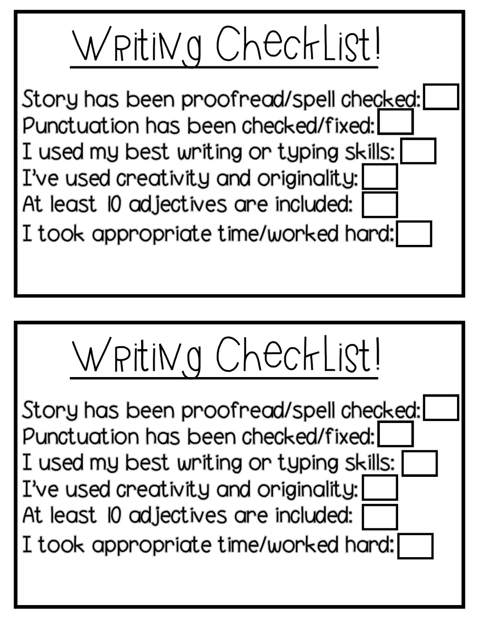 Two copies of a writing checklist: students tick proofreading, punctuation, creativity, 10 adjectives and effort when done