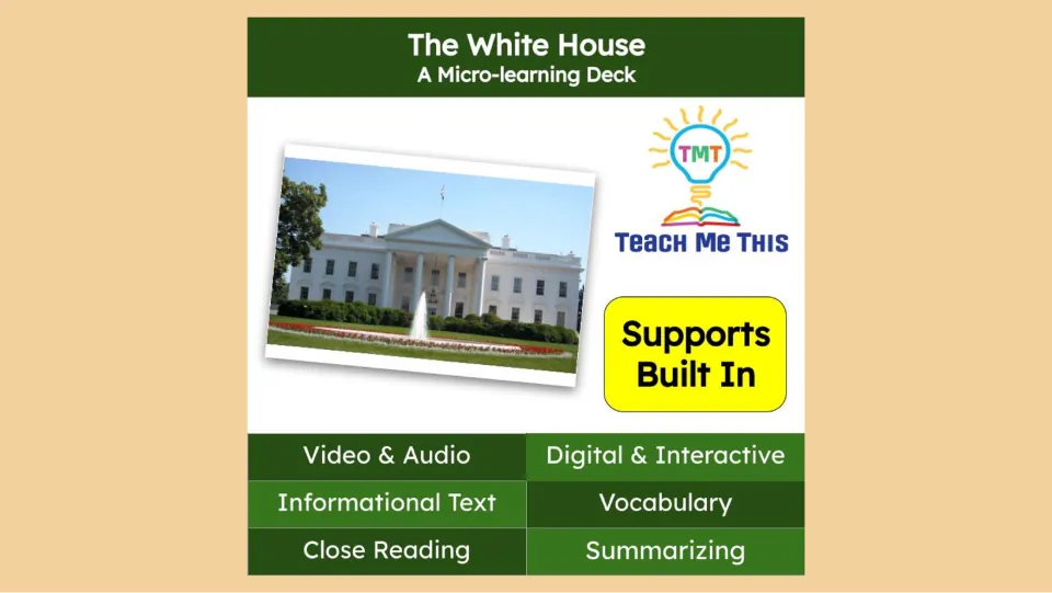 Reading deck cover introduces the White House with video, audio, informational text, vocabulary, and summarizing