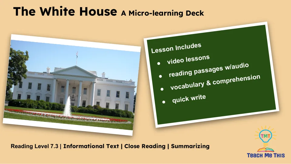 Lesson overview lists video lessons, reading passages with audio, vocabulary and comprehension, and a quick write