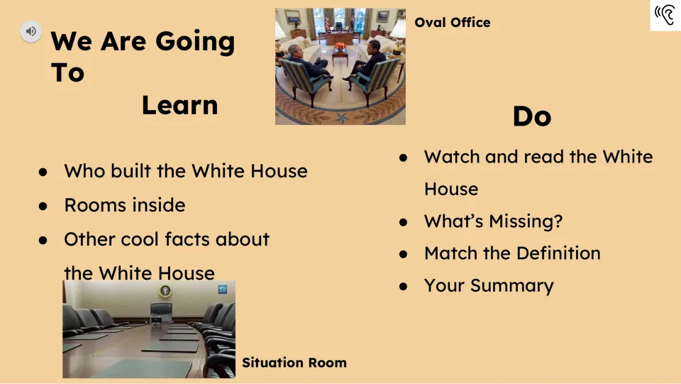 Learning goals introduce who built the White House, rooms inside, and facts, followed by four lesson tasks