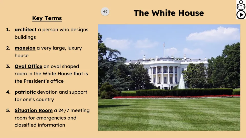 Key terms slide defines architect, mansion, Oval Office, patriotic, and Situation Room beside the White House