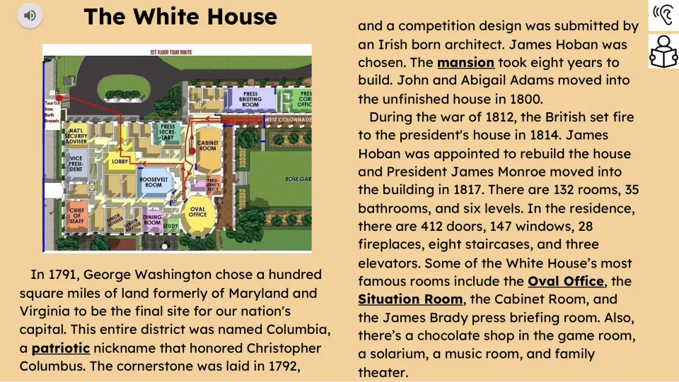 First reading slide covers the White House site, James Hoban, construction, rebuilding, and rooms, with a map