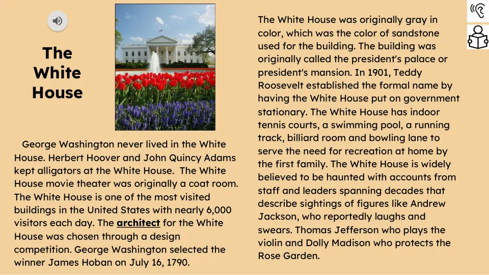 Second reading slide covers White House anecdotes, its original gray color, formal name, and recreation