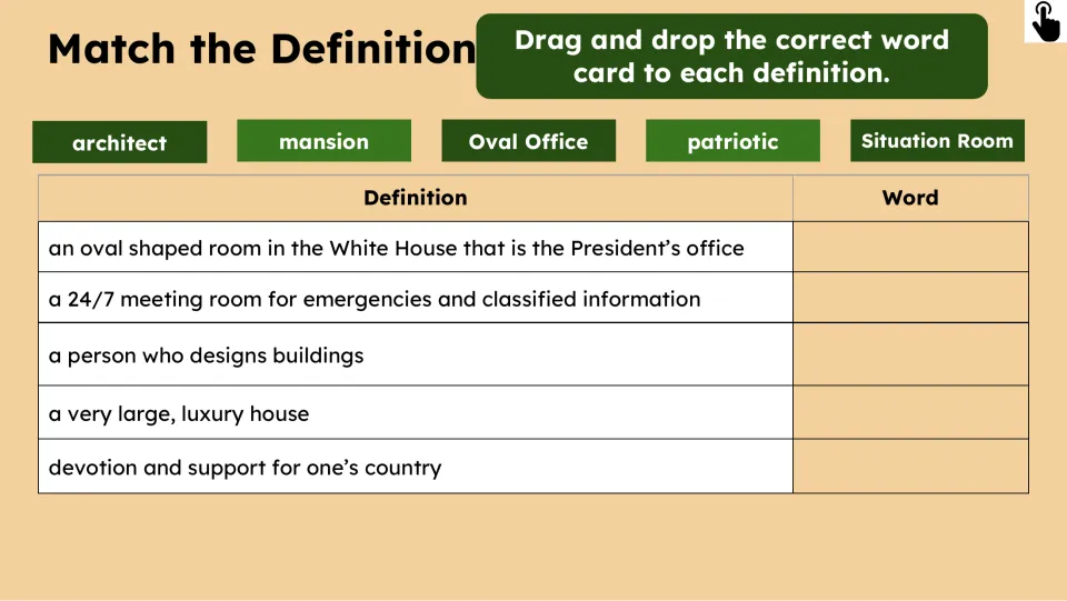 Match the Definition activity asks students to drag five word cards to definitions, including Oval Office