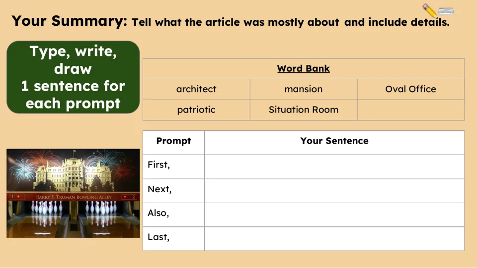 Summary task asks for one sentence per prompt: First, Next, Also, and Last, with a five-term word bank