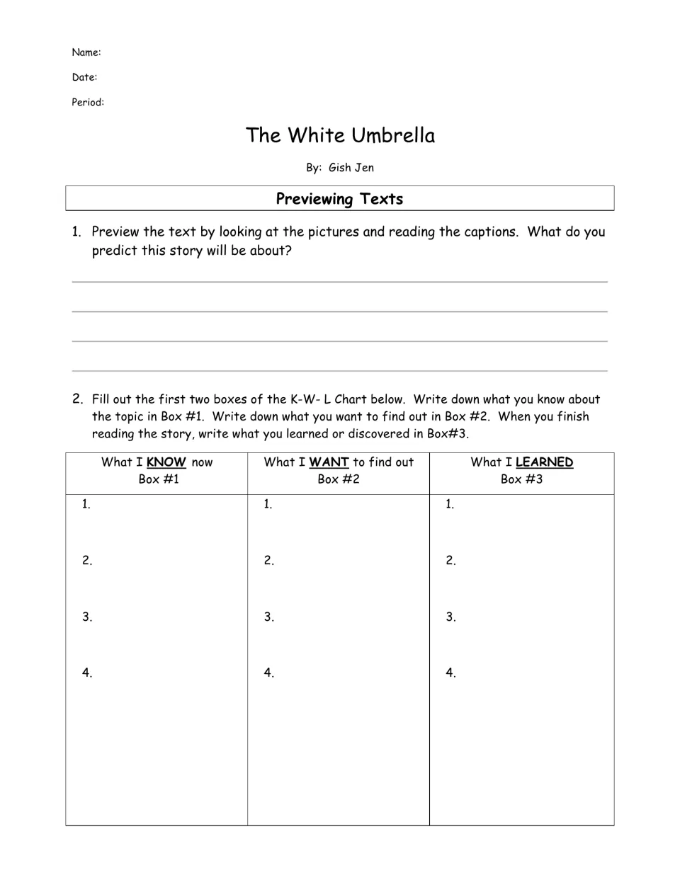 Previewing Texts for Gish Jen's story: students predict the plot from pictures and captions, then fill in a K-W-L chart