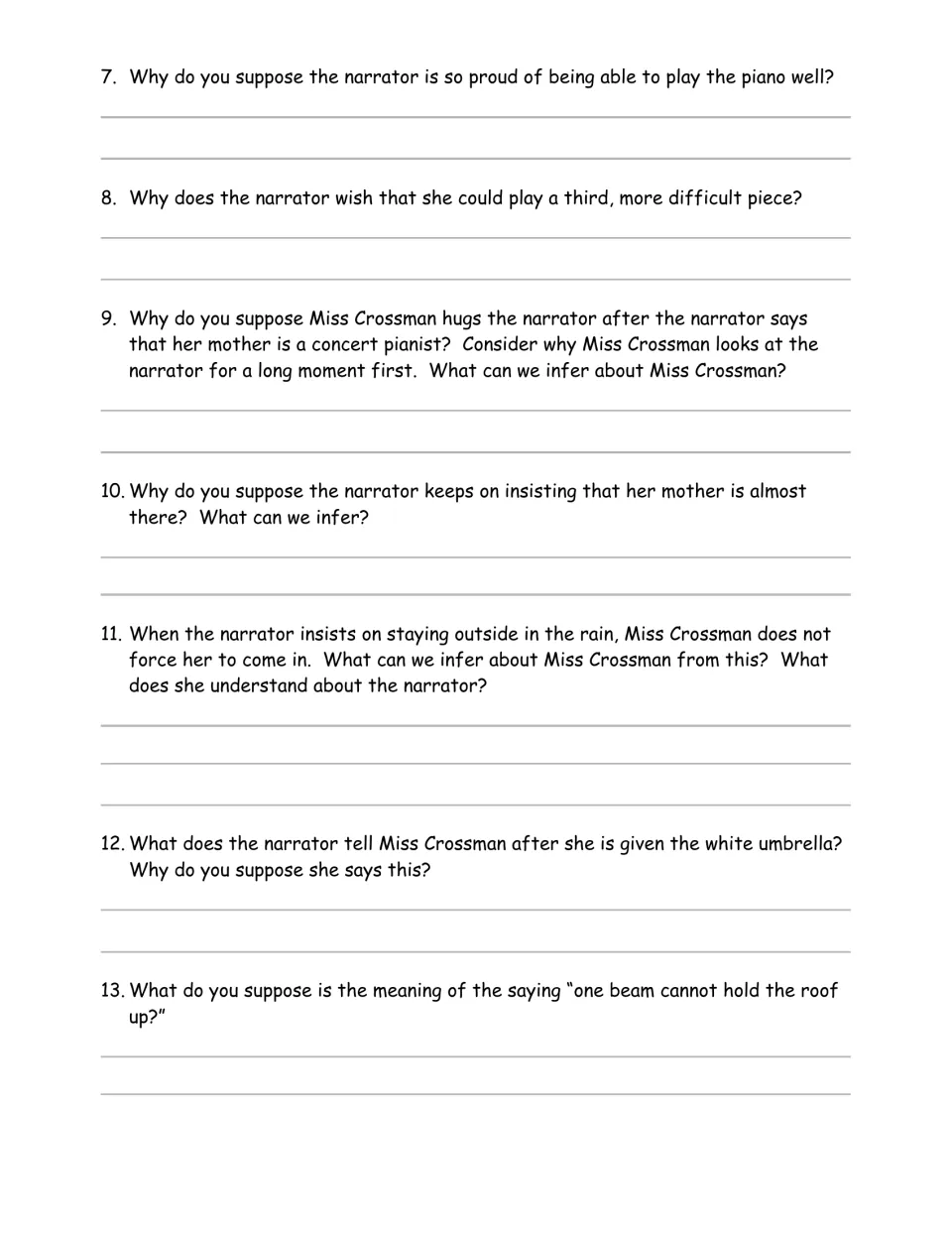 Questions 7-13 continued: students infer the narrator's motives, Miss Crossman's reactions and the meaning of a saying