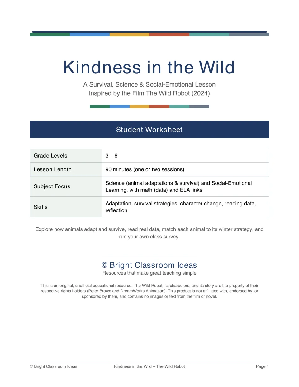 Kindness in the Wild cover: student worksheet for a survival, science and SEL lesson inspired by the film The Wild Robot
