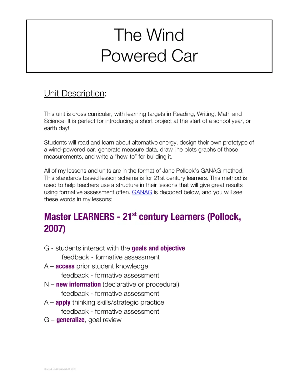 Unit overview connects reading, writing, math, and science and explains the GANAG lesson structure