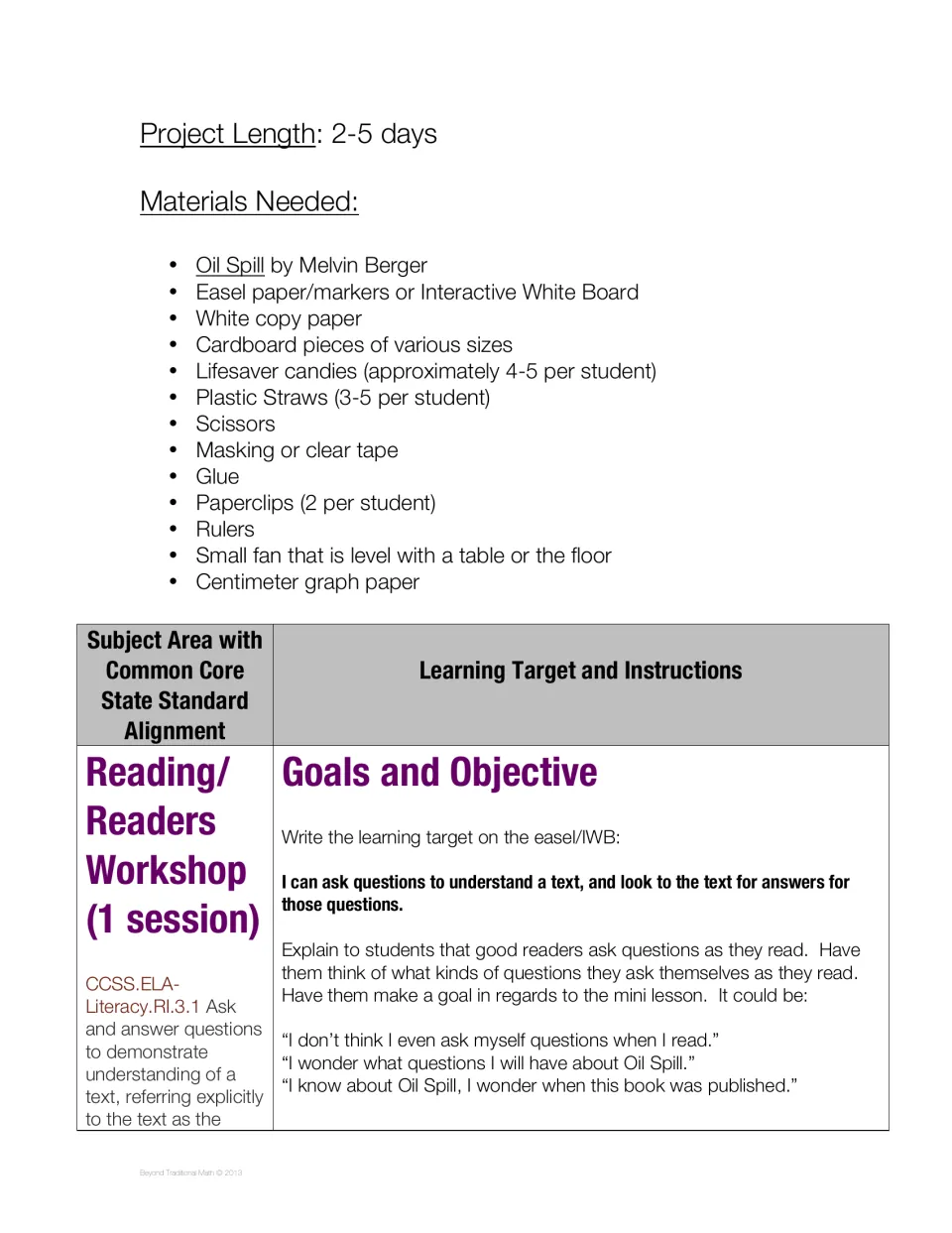 Project materials and 2–5-day timeline precede a reading lesson on asking questions and finding text evidence