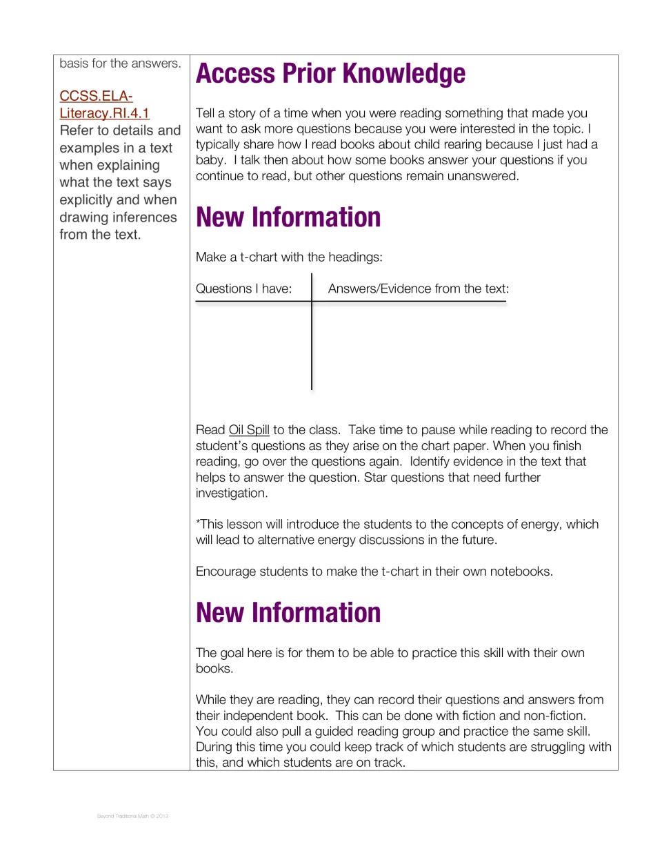 Reading lesson uses Oil Spill to model recording questions and text evidence before independent practice