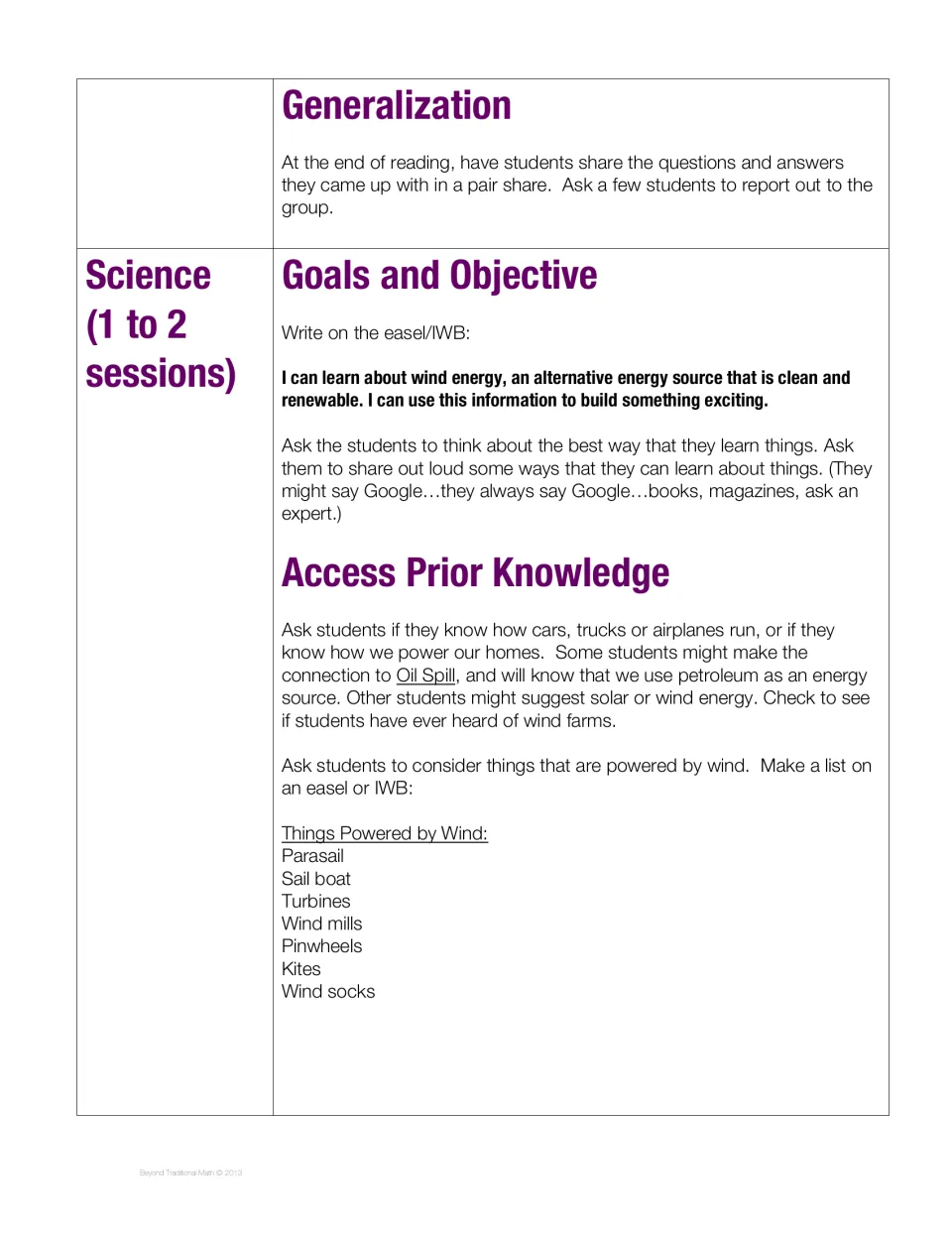 Reading share closes the lesson; science begins with renewable wind energy and examples of wind-powered objects