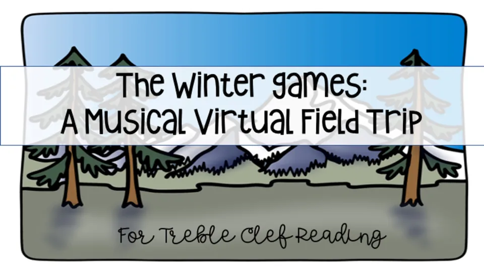 Cover of The Winter Games: A Musical Virtual Field Trip, identifying its focus on treble clef reading