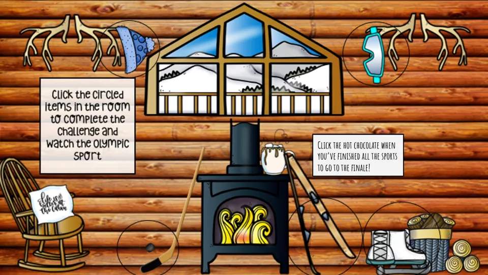 Cabin navigation slide: click circled sports items for challenges and hot chocolate to reach the finale