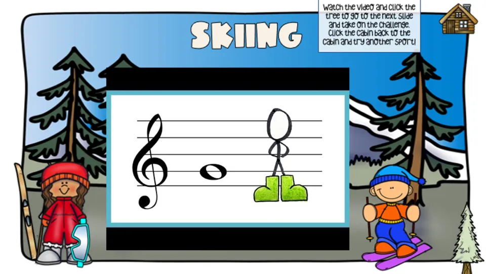 Skiing lesson slide shows a treble clef note video and directs students to the tree for the challenge