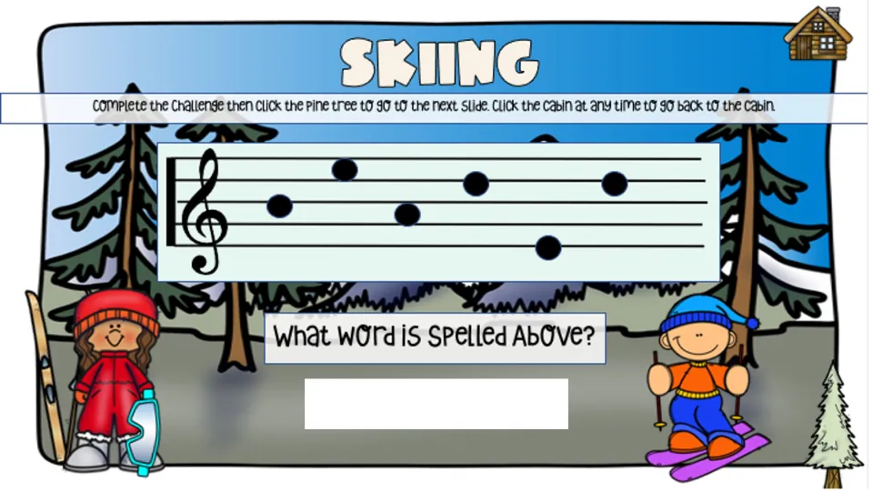 Skiing challenge asks students to read six treble clef notes and identify the word spelled by the notes