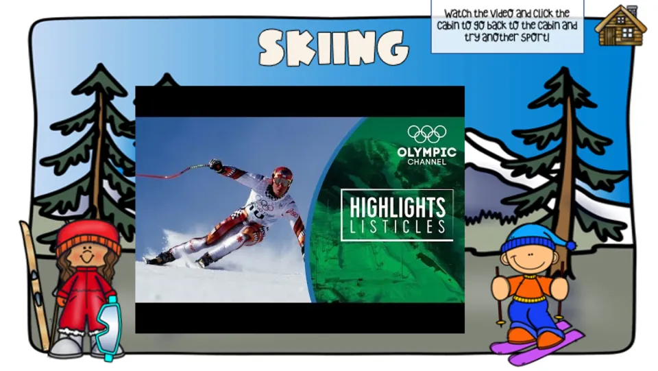 Skiing sports video slide shows an Olympic Channel highlights thumbnail and directions to return to the cabin