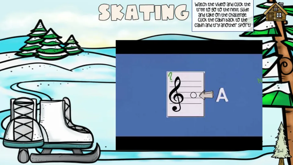 Skating lesson slide shows a treble clef video labeling note A and directs students to the next challenge