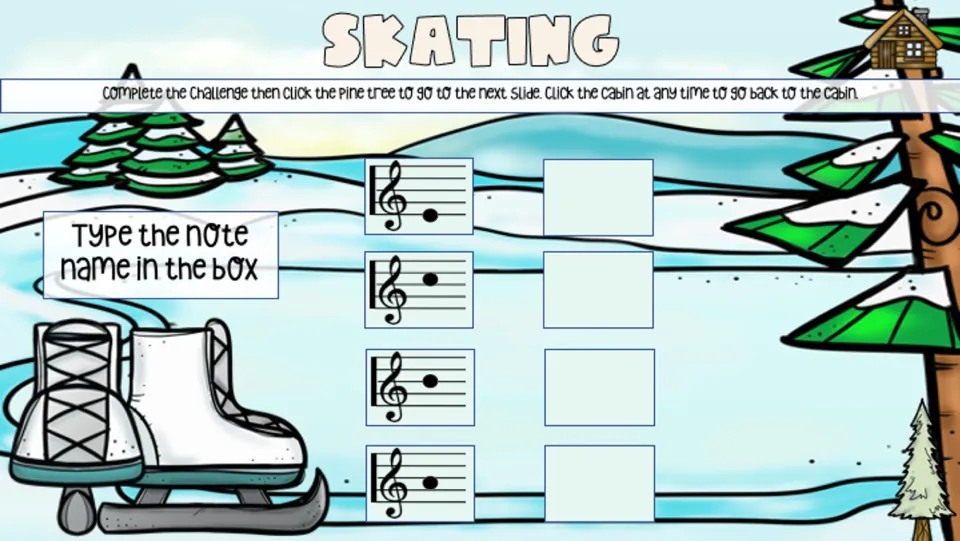 Skating challenge presents four treble clef notes and asks students to type the name of each note
