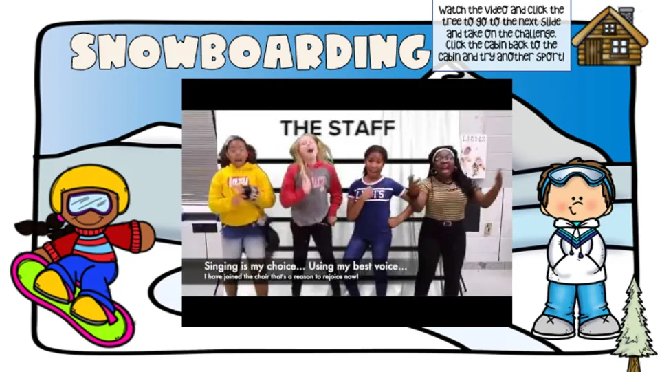 Snowboarding lesson slide shows a music video titled 'The Staff' and directs students to the challenge