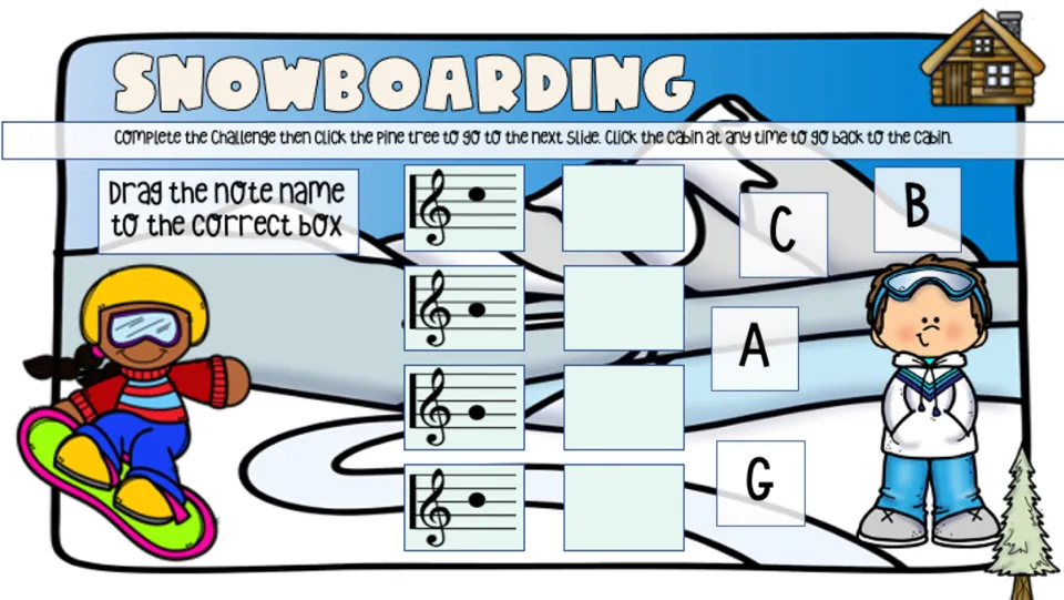Snowboarding challenge asks students to drag the note names C, B, A, and G to match four treble clef notes