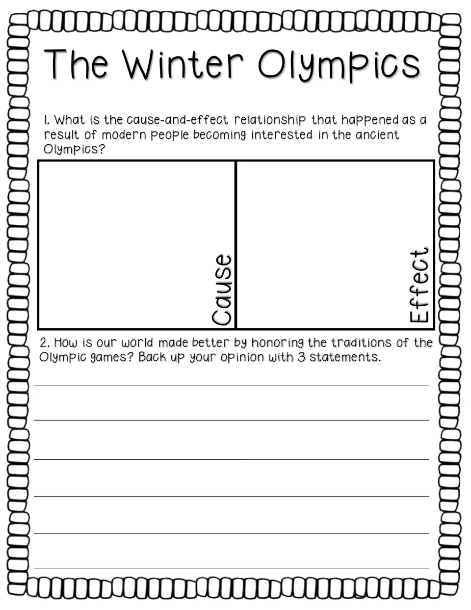 Olympics history: students fill in a cause and effect chart on the ancient games' revival, then give 3 opinion reasons